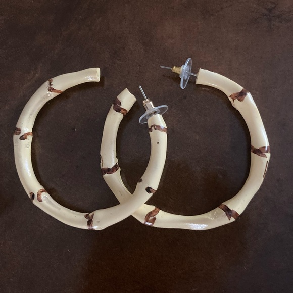 Cream and Brown Bamboo-Style Hoop Earrings - Picture 1 of 5